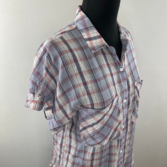 NWT ANTHROPOLOGIE Cloth & Stone Purple Plaid Short Sleeve Tie Button Up Shirt M - Picture 4 of 10
